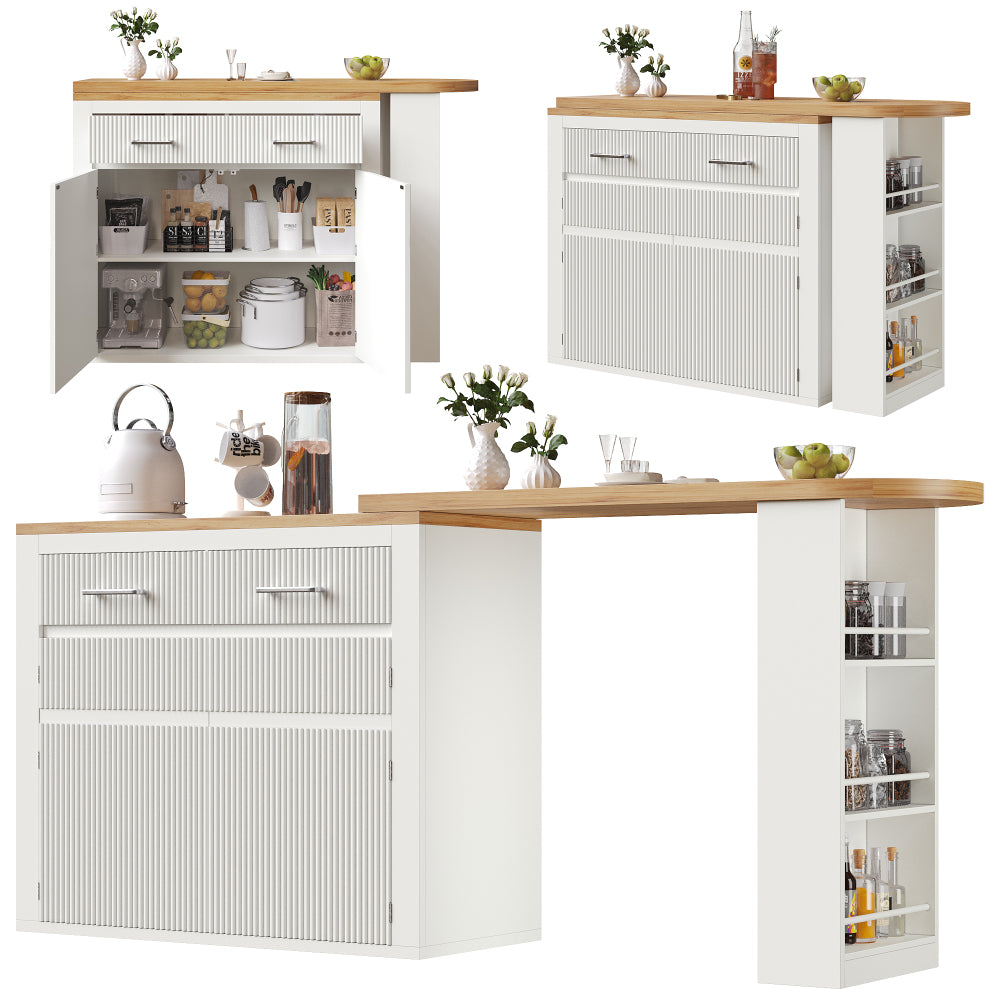 Extendable Bar Table with Storage Space (137-215 × 39 × 102.3cm), Modern Mobile Bar Table, Extendable Bar Table with One Drawer and Two Shelves, Tall Kitchen Island Dining Table, White