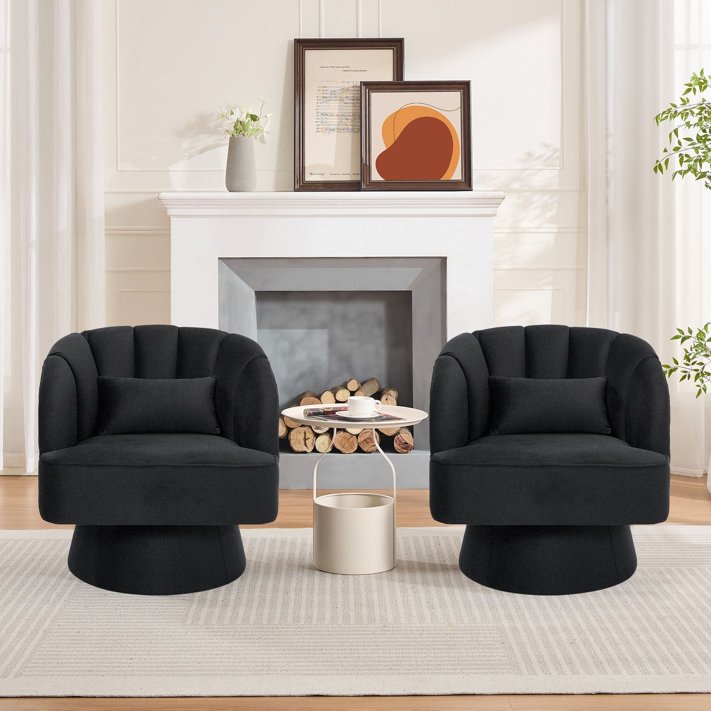 Swivel Accent Chair 360° Barrel Lounge Chair with Modern Striped Backrest | Round Armchair for Living, Bedroom Reading Nook, Hardwood, Non-Adjustable, Wipe Clean