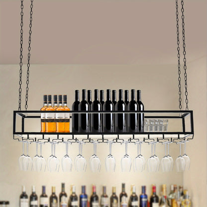 Wijnrek Plafond – Wijnhouder – Glazenhouder – Flessenrek – Wijnrek Met Glasopslag – Zwart Metaal – 120 cm – Stijlvol Industrieel Ontwerp – Draagkracht 75 kg