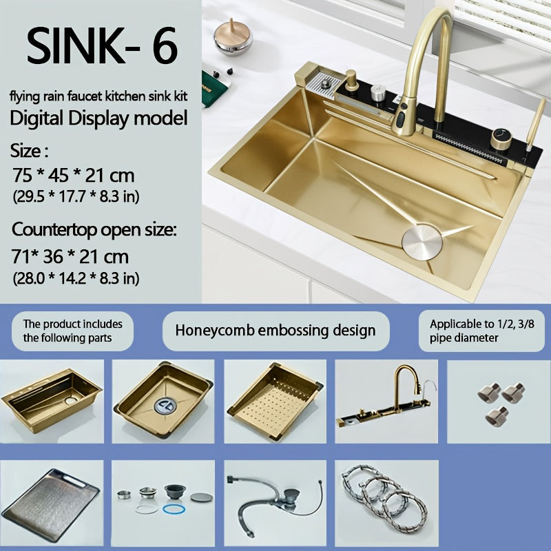 Digitale Waterval Spoelbak – Keukenspoelbak – Vaatwastafel – Keukenbak – Vaatbak – RVS Rechthoekige Spoelbak Grijs 60x45 cm – Uittrekbare Watervalkraan – Ingebouwde Zeepdispenser & Snijplank