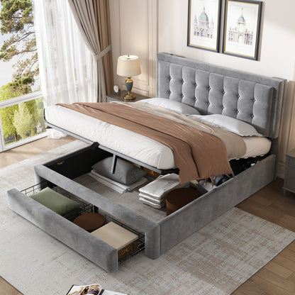 Padded Bed 140190 with Slatted Box Spring And Headboard Storage Bed Hydraulic Padded Double Bed with 2 Drawers Support for Gray Velvet Wood