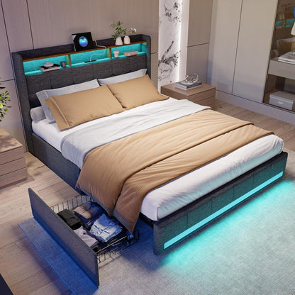 Bed 140x200 – Gestoffeerd Tweepersoonsbed – Led Bed – Opberglades Bed – Hoofdeinde Bed – Linnen Stof – Hydraulische Opbergruimte – Lattenbodem