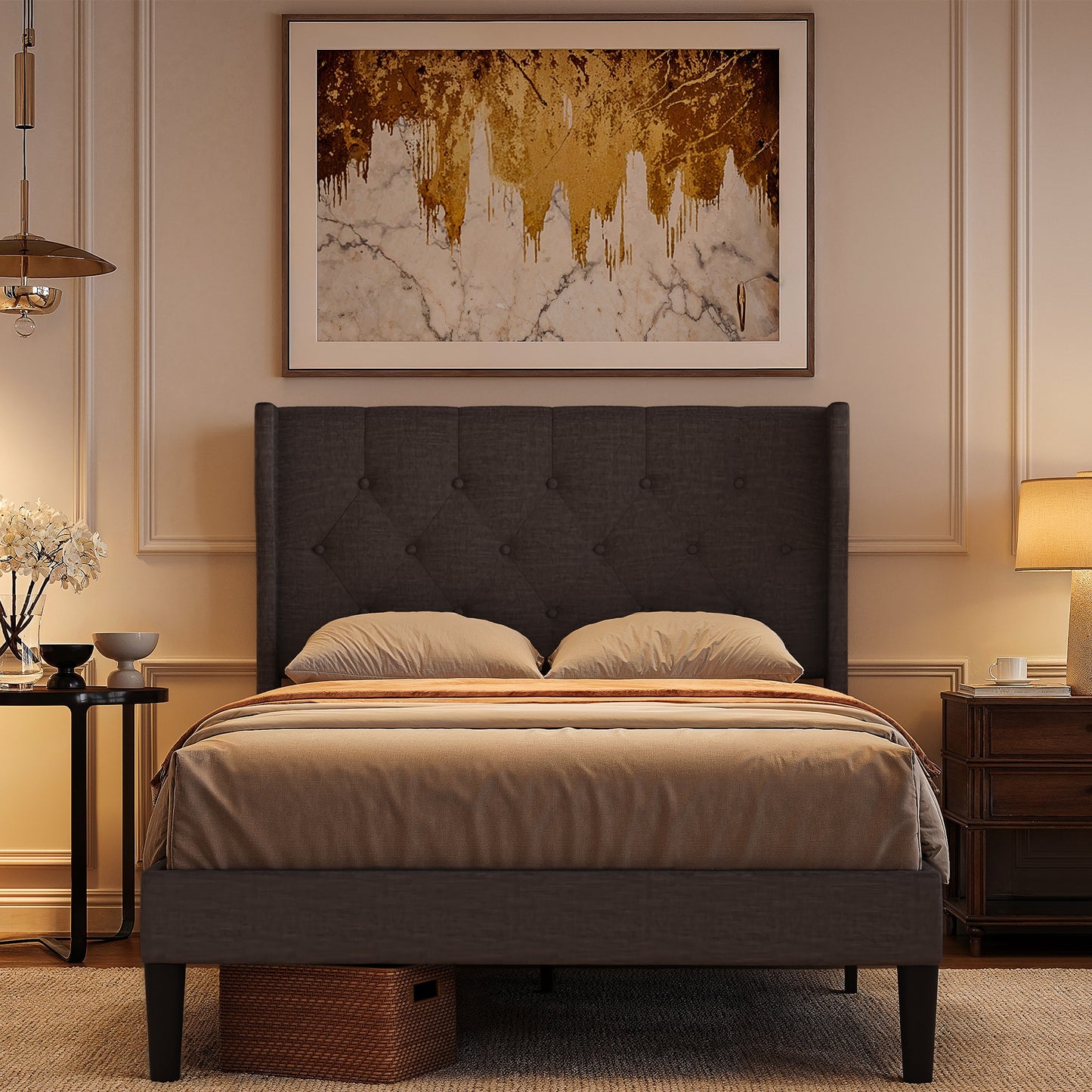 Gestoffeerd Bedframe – Bedombouw – Bedframe Met Opbergruimte – Lattenbodem Bed – Slaapbank – Donkergrijs – 20 cm Opbergruimte – Stevig Houten Lattenbodem