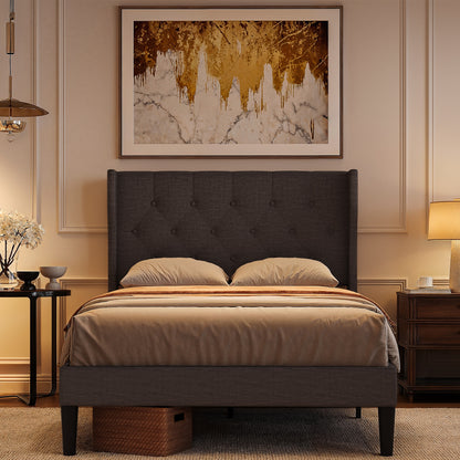 Gestoffeerd Bedframe – Bedombouw – Bedframe Met Opbergruimte – Lattenbodem Bed – Slaapbank – Donkergrijs – 20 cm Opbergruimte – Stevig Houten Lattenbodem