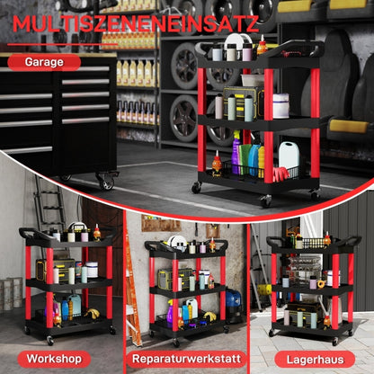 Werkplaatswagen – Gereedschapswagen – Opbergwagen – Servicewagen – Werkbankwagen – 3 Etages met 12 Opbergvakken – Max 91 kg Draagvermogen – Zwenkwielen met Remmen – Zwart/rood