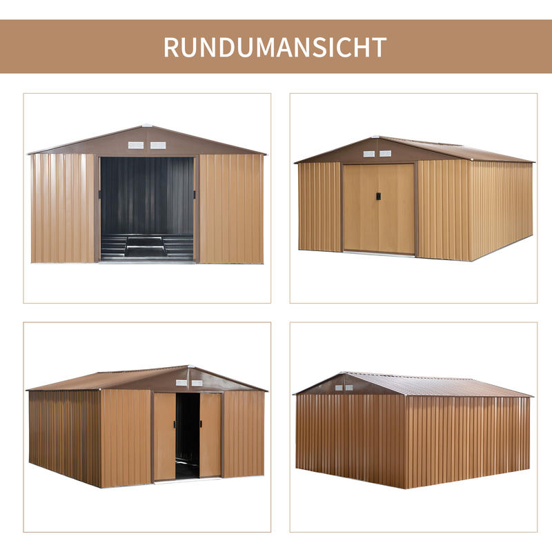 Steel Tool Shed 20m³ Garden Storage Shed Bike Shed Brown 340 x 386 x 200cm, Temporary and Removable, Backyard Organization, Outdoor Storage, Compact Design, Durable Shelter, Rustproof Housing, Metal Shed, Storage Solution, O