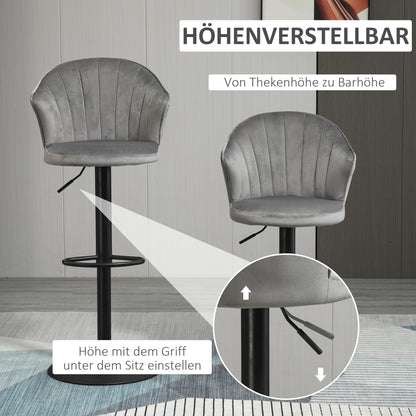Barkrukken – Barstoelen – Keukenstoelen – Bistrostoelen – Krukken – Draaibaar – Verstelbare Hoogte – Fluweelachtige Bekleding – Met Rugleuning – Grijs – 54x56x91-111 cm