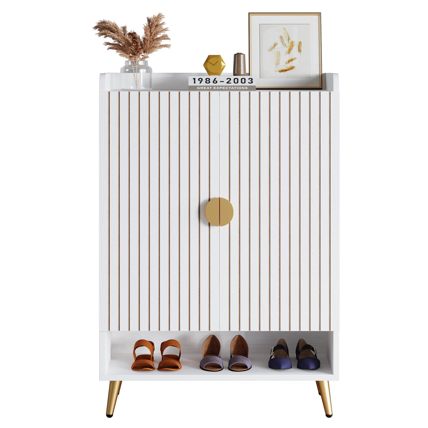 Schoenenkast – Schoenenrek – Schoenopberger – Schoenentoren – Schoenenkast – 6-laags met deuren – Verstelbare planken – Wit met gouden accenten