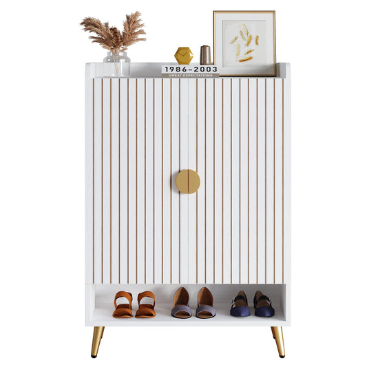 Schoenenkast – Schoenenrek – Schoenopberger – Schoenentoren – Schoenenkast – 6-laags met deuren – Verstelbare planken – Wit met gouden accenten