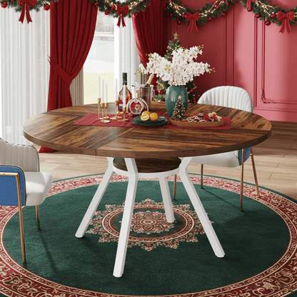 Ronde Eettafel – Eetkamertafel – Keukentafel – Tafel – Ontbijttafel – Modern Design – 119 cm Diameter – Wit Met Gouden Accenten – Gefineerd Hout – Metalen Centrale Poot – Ruimtebesparend – Eenvoudig Zelf Te Monteren