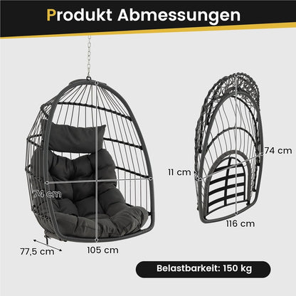 Hangstoel – Hangstoel met Kussen – Hangmatstoel – Schommelstoel – Zitzak – Inklapbaar – PE Rattan – Inclusief Ophangsysteem – Max. 150 kg – Grijs