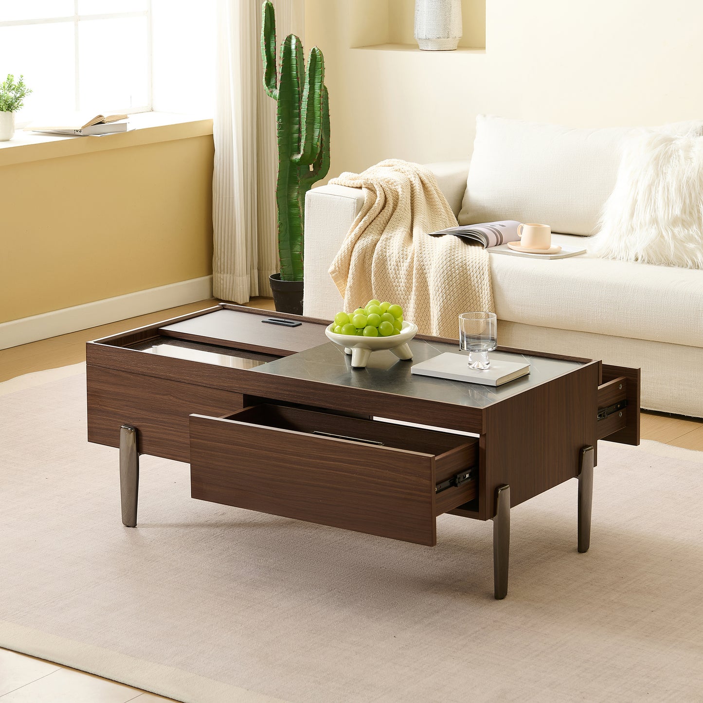 Salontafel – Woonkamertafel – Koffietafel – Side Table – Brewing Variant – Donkerbruin Houtlook Met Glazen Tafelblad – Verborgen Opbergruimte Met Schuifdeksel