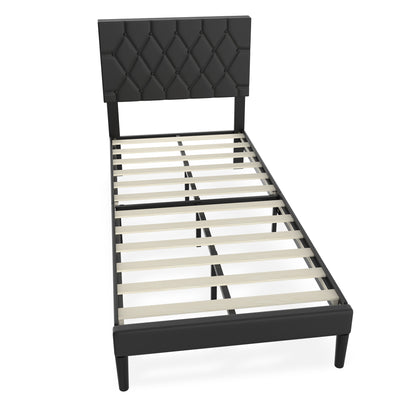 Bedframe – Logeerbed – Metalen Bed – Gestoffeerd Bed – Bedombouw – Faux Leder Hoofdbord – 12 Latten – Maximale Draagkracht 300 kg