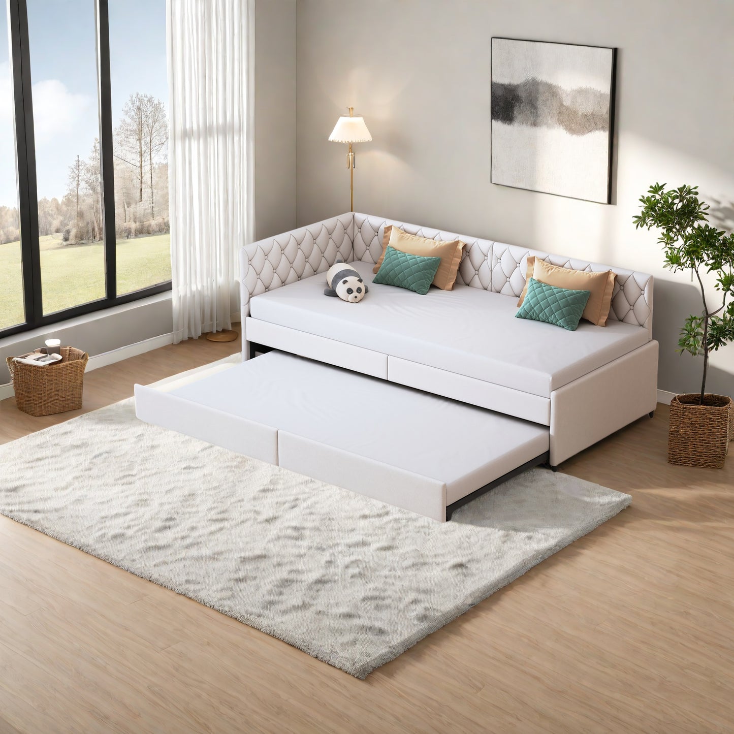 Slaapbank – 2-Zits Bedbank – Uitklapbare Bank – Gigogne Bed – Banquette Bed – Beige Velvet – 90x200 cm – Stevig Houten Frame