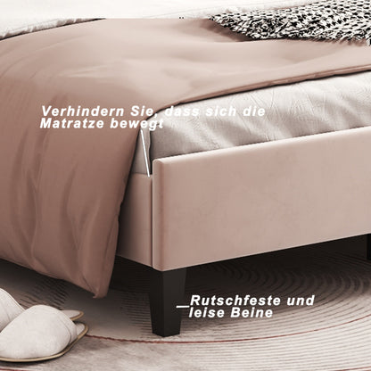 Tweepersoonsbed – Gestoffeerd Bed – Velours Bed – Slaapbed – Bedframe – 140 x 200 cm – Uniek Bloemvormig Hoofdbord – Zachte Huidvriendelijke Bekleding Beige