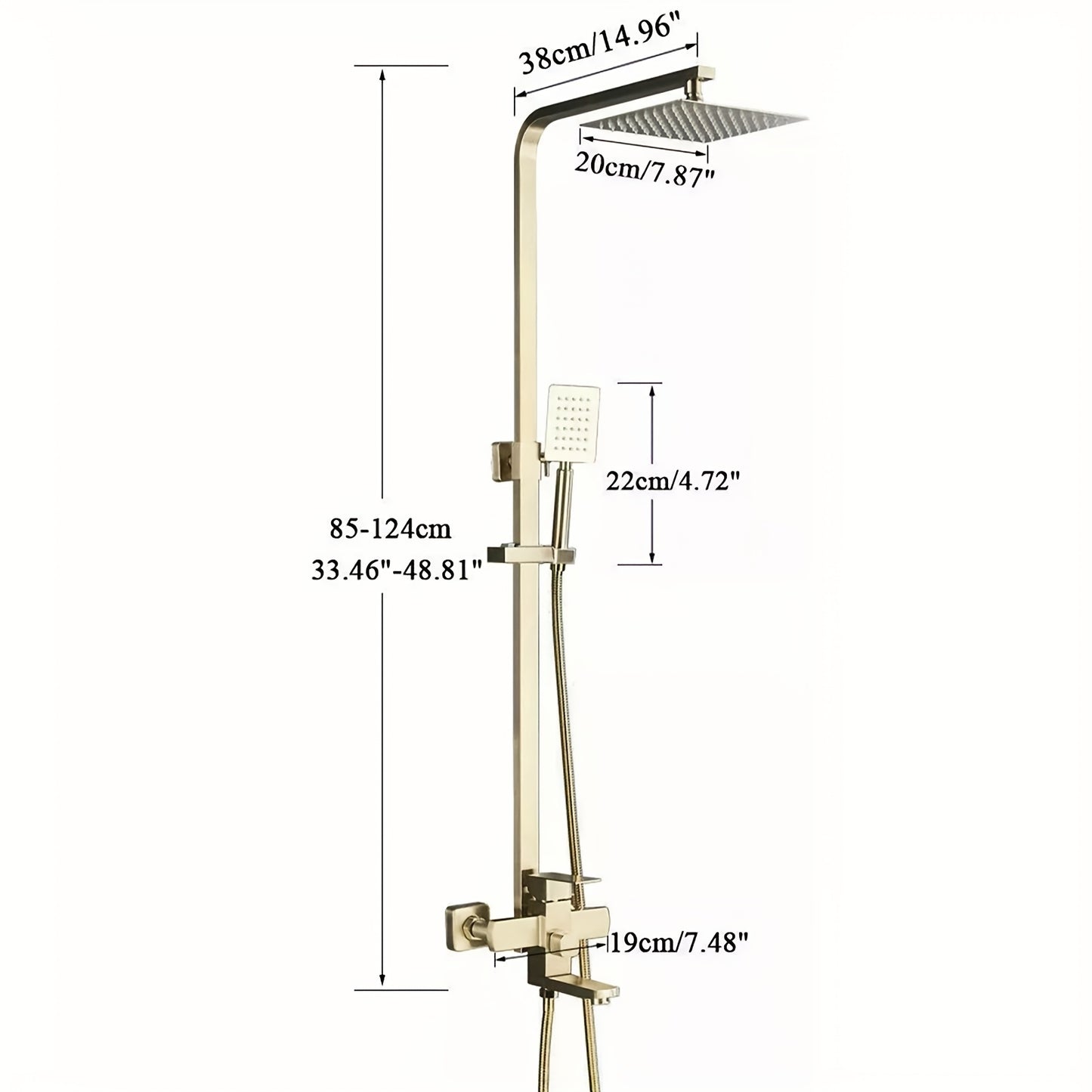 Douche Set – Regendouche – Handdouche – Badkamerkraan – Doucheset – Geborsteld Goud – 20,32 cm Vierkante Hoofddouche – Verstelbare Handdouche – Enkelhendel – Messing & RVS