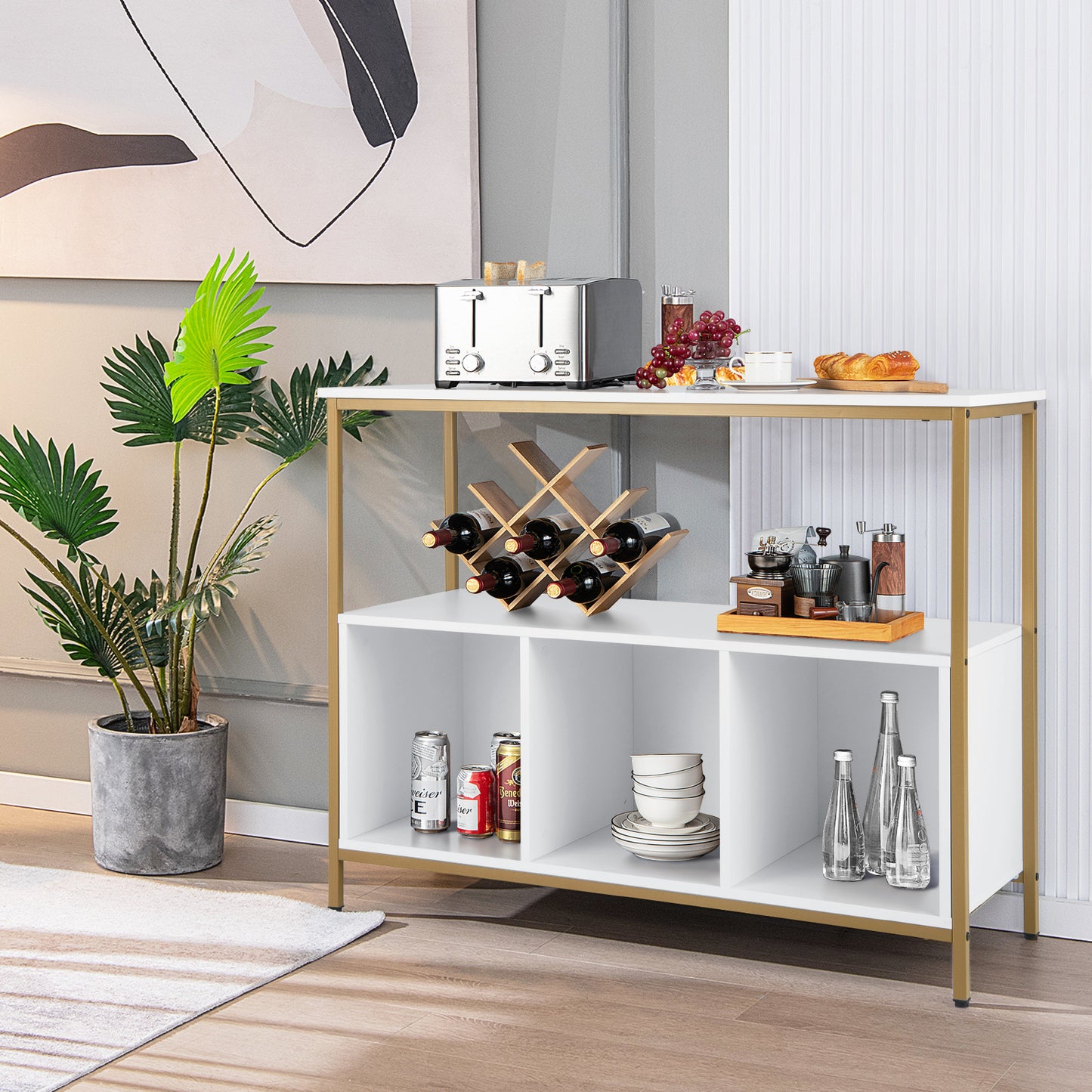 Buffetkast – Dressoir – Opbergkast – Keukenkast – Witte Kast – Stevig Hout en Roestvrij Staal – Ruime Open Plank en 3 Opbergvakken