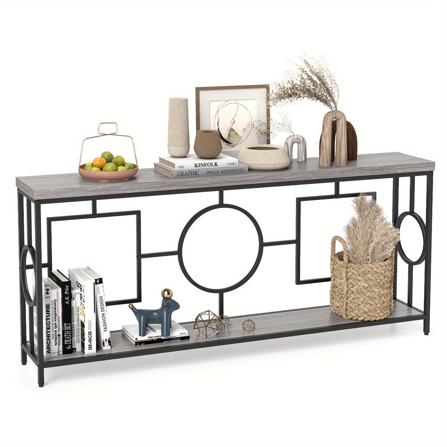 Sidetable – Consoletafel – Wandtafel – Haltafel – Bijzettafel – Industrieel Design – Tweelaags Kunstmarmeren Blad – Stevig Metalen Frame 152,4x30,48x76,2 cm