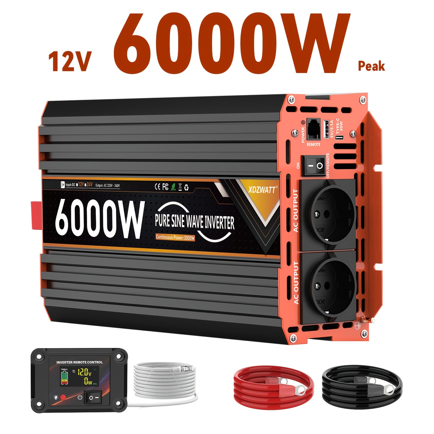 Spanningsomvormer – Omvormer – Inverter – Stroomomzetter – Converter – 6000W Zuivere Sinus – LCD Display & Afstandsbediening