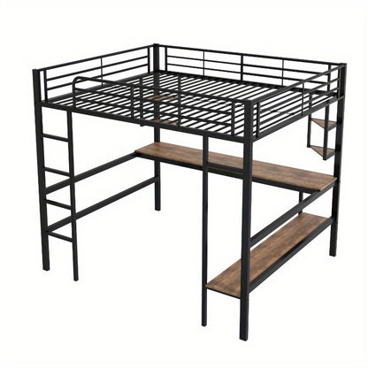 Hoogslaper – Metalen Bed – Stapelbed – Loftbed – Werkplek Bed – Ingebouwd Bureau – Opbergrekken – Stevige IJzeren Constructie – Ruimtebesparend Ontwerp