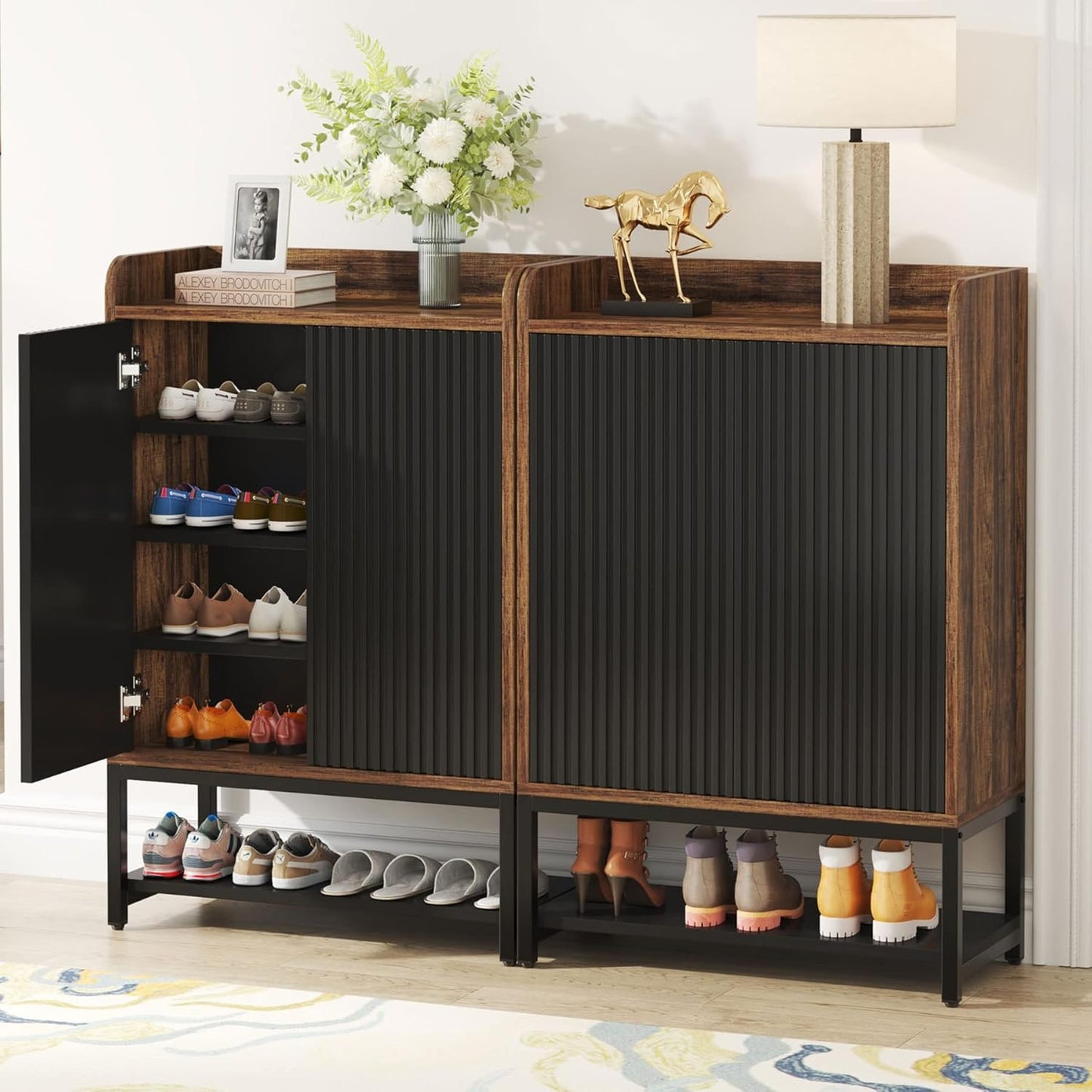Shoe Cabinet with Doors, 5-Tier Shoe Storage Cabinet for Entryway Hallway, Wooden Shoe Rack Organizer Cabinet for 15-20 Pair of Shoes, Black and Brown (1)