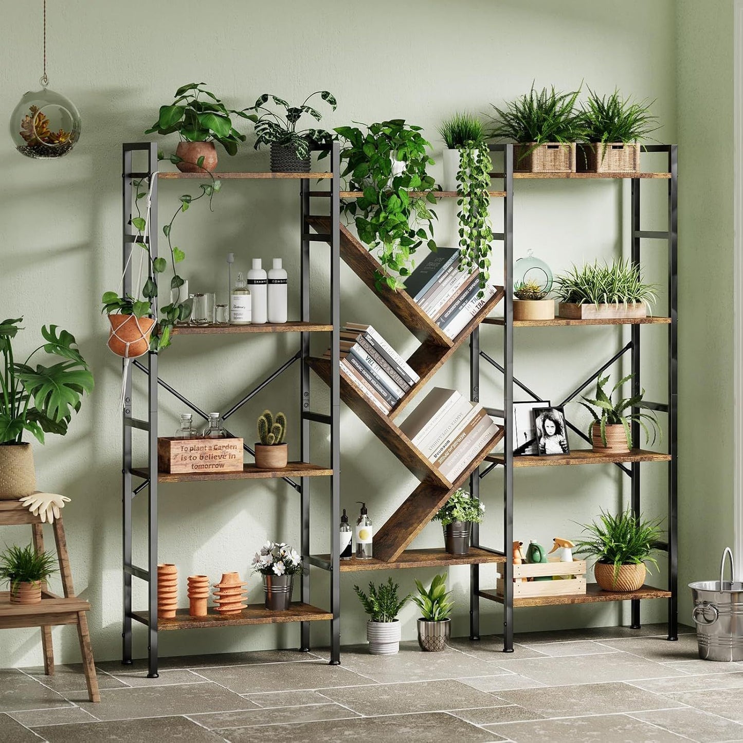 Triple 5 Tier Shelf Bookshelf | Rustic Wooden and Metal Display Book Shelf, Wide Bookcase, Adds Character to Your Room, Bedroom, Living Room, Home & Office Shelving, Brown, Freestanding, Assembly Required, TACKVIEW