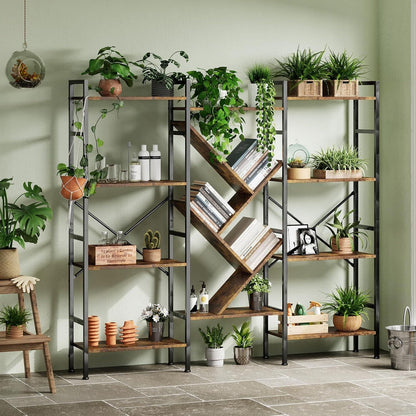 Triple 5 Tier Shelf Bookshelf | Rustic Wooden and Metal Display Book Shelf, Wide Bookcase, Adds Character to Your Room, Bedroom, Living Room, Home & Office Shelving, Brown, Freestanding, Assembly Required, TACKVIEW