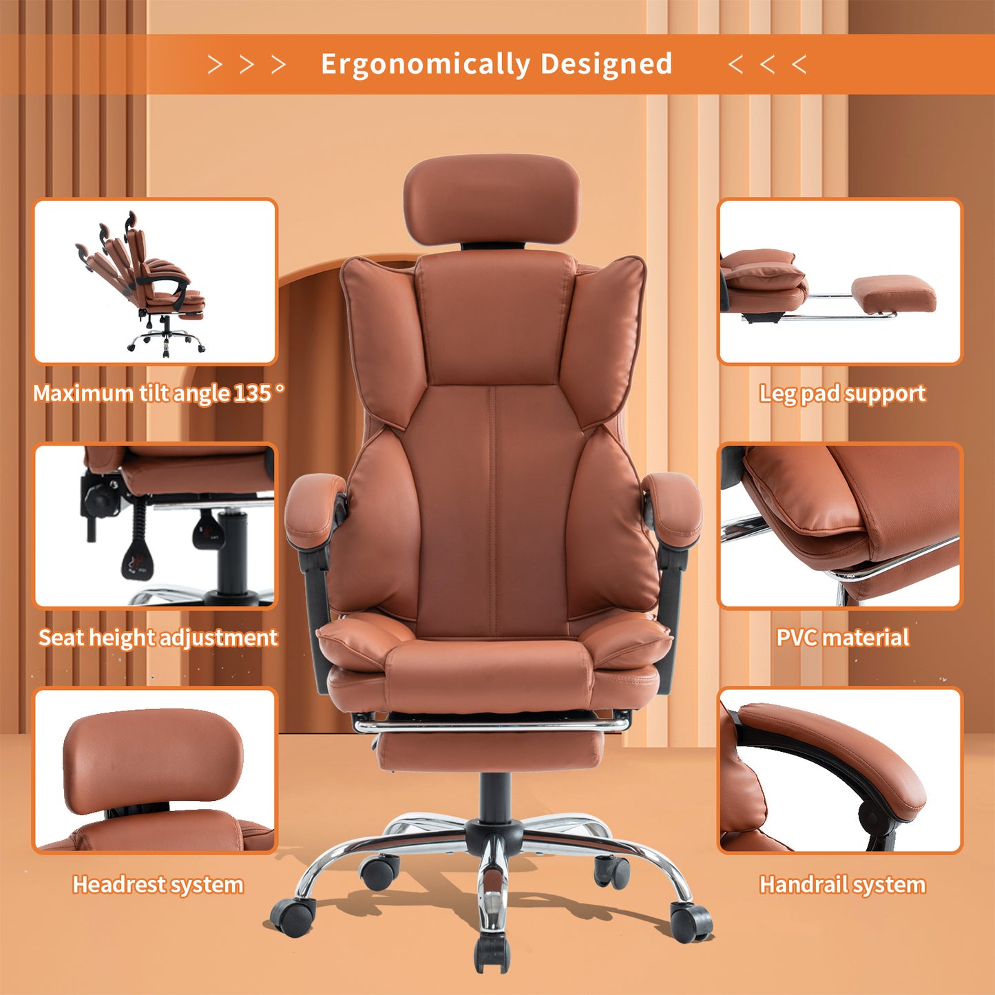 Bureaustoel – Gamingstoel – Werkstoel – Office Chair – Thuiswerkstoel – Verstelbare Hoogte – PU Lederen Bekleding – Zachte Schuimzitting – Stevige Rugondersteuning – Bruin