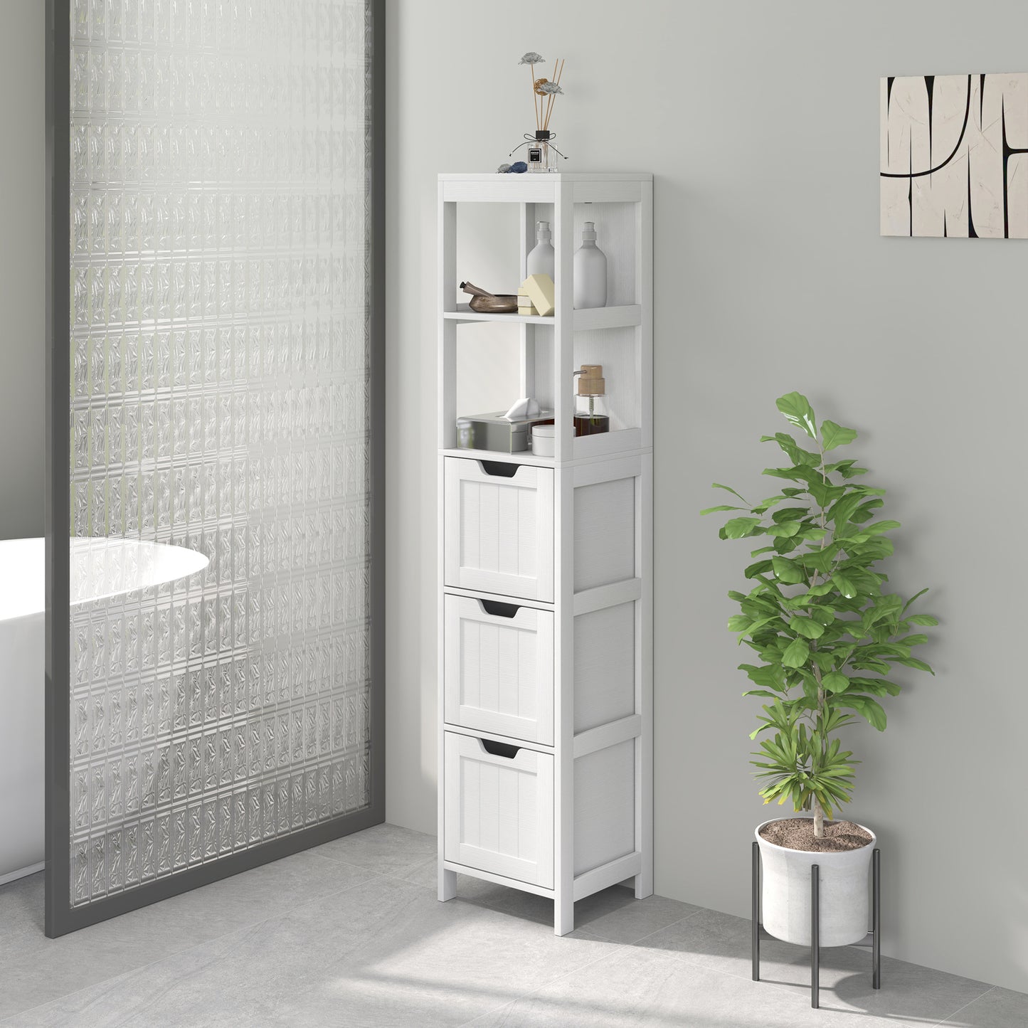 Badkamerkast – Badkamermeubel – Opbergkast – Kolomkast – Wastafelonderkast – Waterbestendig Materiaal – 2 Planken & 3 Lades – Wit
