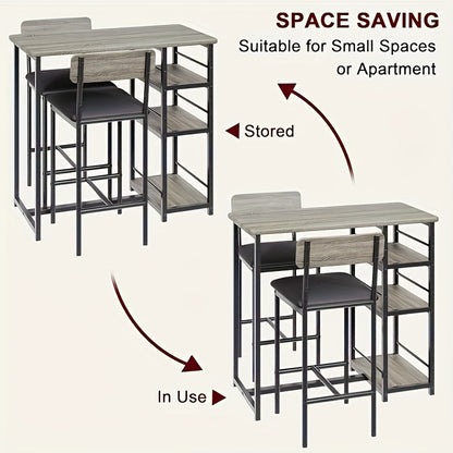 Eettafel Set – Bar Tafel Set – Keukentafel – Bistroset – Kleine Ruimte Meubel – Inclusief Zwart Leren Stoelen – Met Opberglades – Compact Voor Appartement
