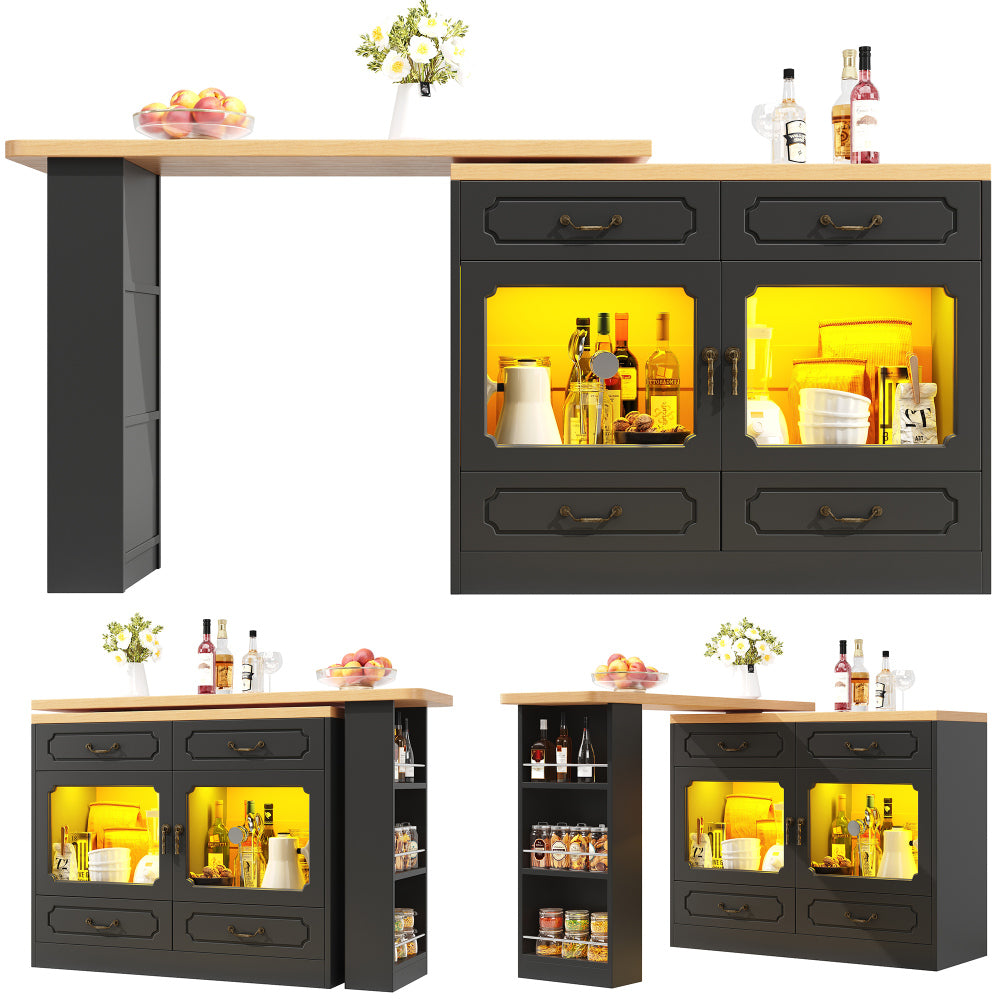 Uitklaptafel – Klaptafel – Vouwtafel – Bartafel – Eettafel – Uitschuifbaar 135-203 cm – Opbergruimte – 360° Draaibaar – Modern Zwart Metaal & Glas
