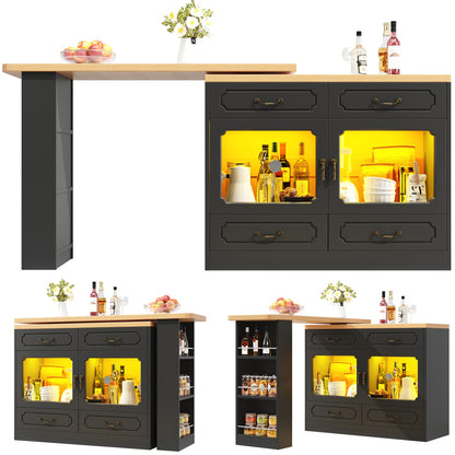 Uitklaptafel – Klaptafel – Vouwtafel – Bartafel – Eettafel – Uitschuifbaar 135-203 cm – Opbergruimte – 360° Draaibaar – Modern Zwart Metaal & Glas