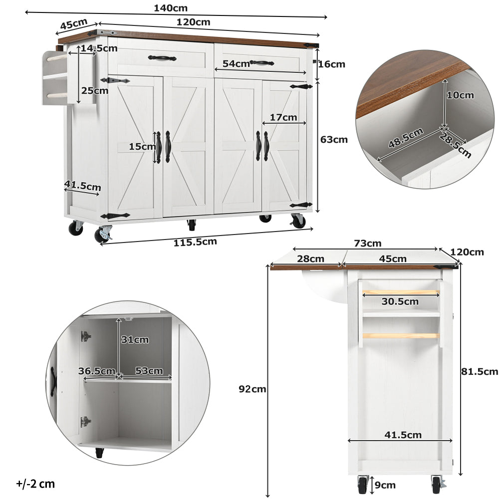 Mobile Kitchen Island Cart with Pull-Out Worktop, 4 Doors & 2 Drawers - Heavy-Duty Metal Frame White/Black Rolling Cabinet on Casters, Space-Saving Mobile Storage Trolley for Small Kitchens, Easy Assembly (No Wood)