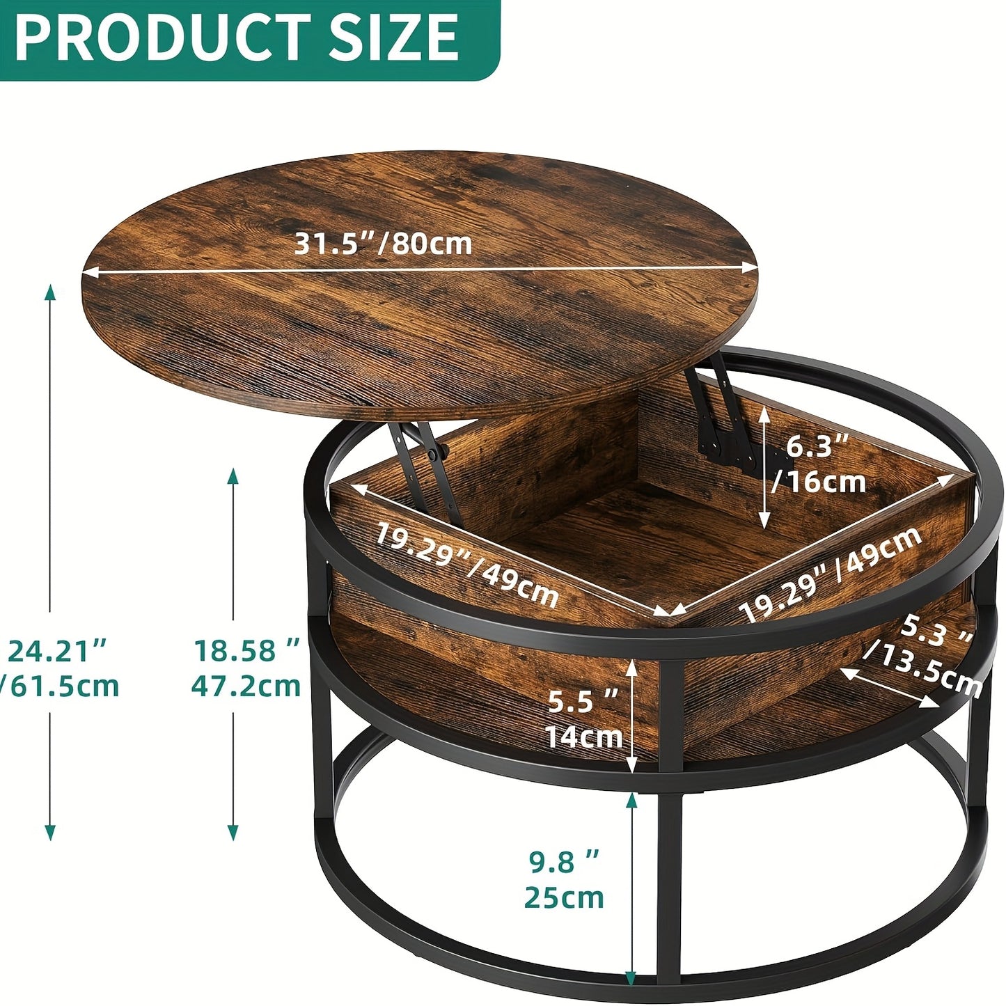 Ronde Salontafel – Koffietafel – Bijzettafel – Woonkamertafel – Opbergtafel – Met Verborgen Opbergruimte – Lift-Top Design – Geperst Hout Met Metaal