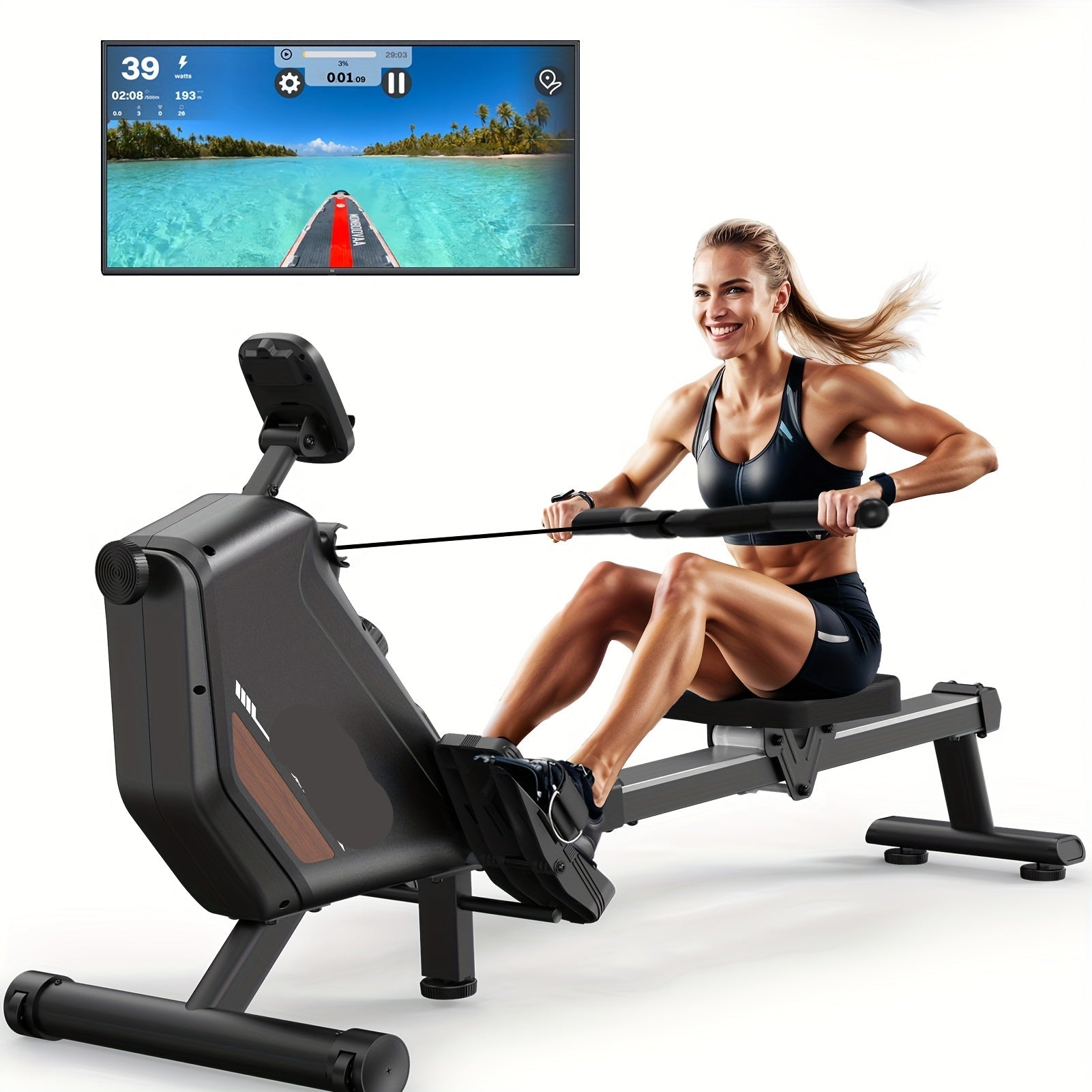 Roeitrainer – Roeimachine – Fitnessapparaat – Thuisfitness – Inklapbaar – 16 Weerstandsniveaus – Draadloze Verbinding - Zwart - QUORE