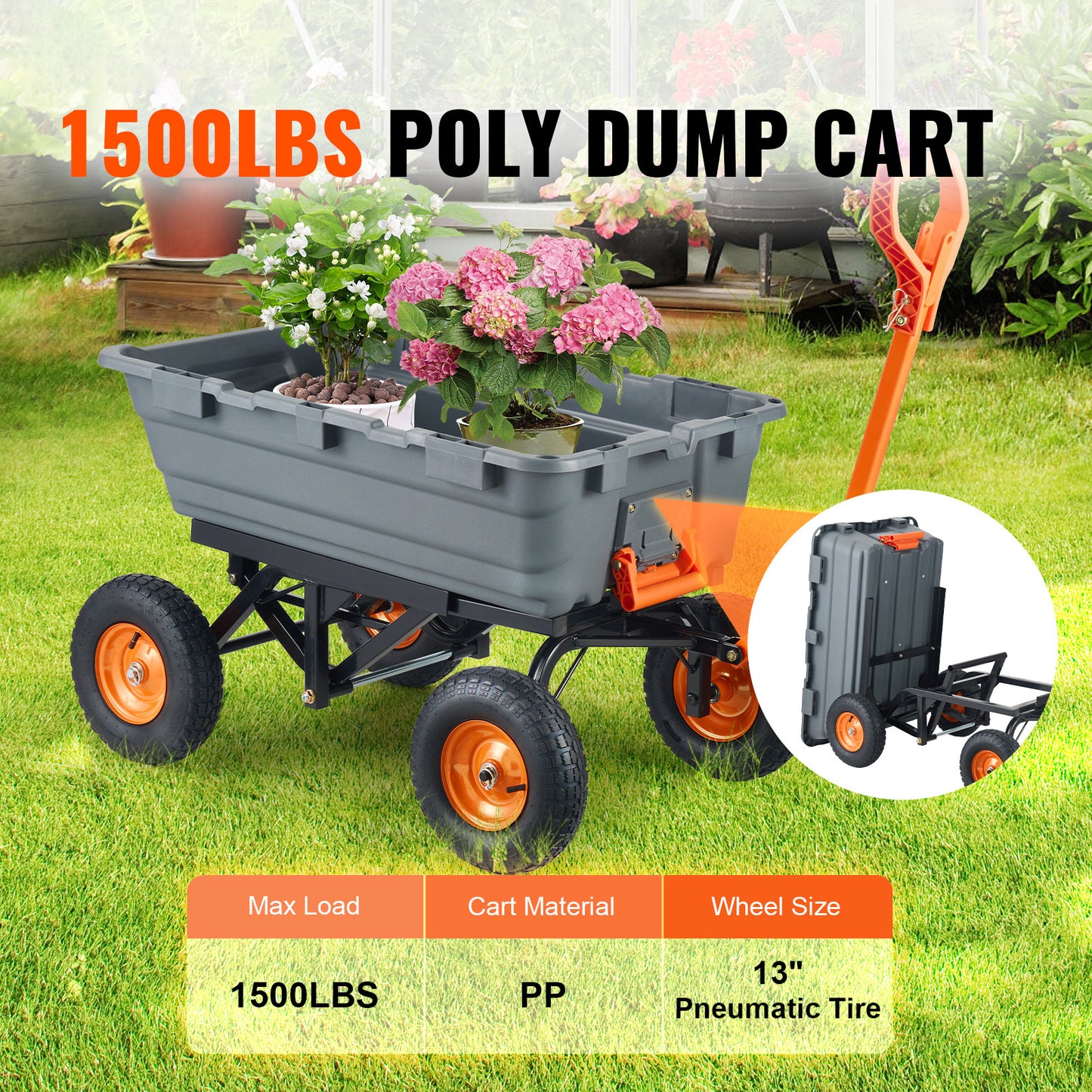 Tuinwagen – Kruiwagen – Transportkar – Bakwagen – Multikar – Hoge Draagkracht Tot 680 kg – 2-in-1 Multifunctionele Handgreep Met 13 Inch Rubberbanden