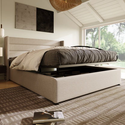 140x200cm Upholstered Hydraulic Storage Bed with Slatted Frame - Modern Retro Double Bed with Metal Frame & Beige Linen Fabric, Space-Saving Design, 181.44KG Weight Capacity, Easy-Clean Surface, No Box Spring Needed, Assembly