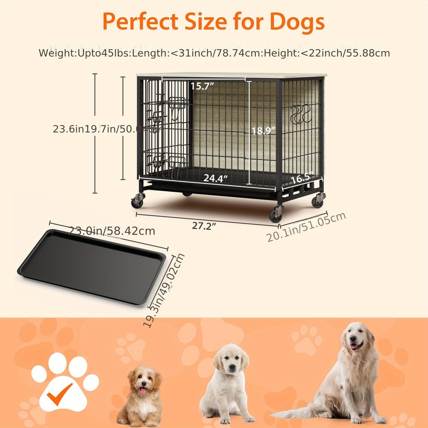 Hondenbench – Hondenkooi – Hondenhuisje – Bench Hond – Hondenhok – Hout – Dubbele Deuren – Met Wieltjes – Grijs – 70x50 cm – Voor Kleine en Middelgrote Honden