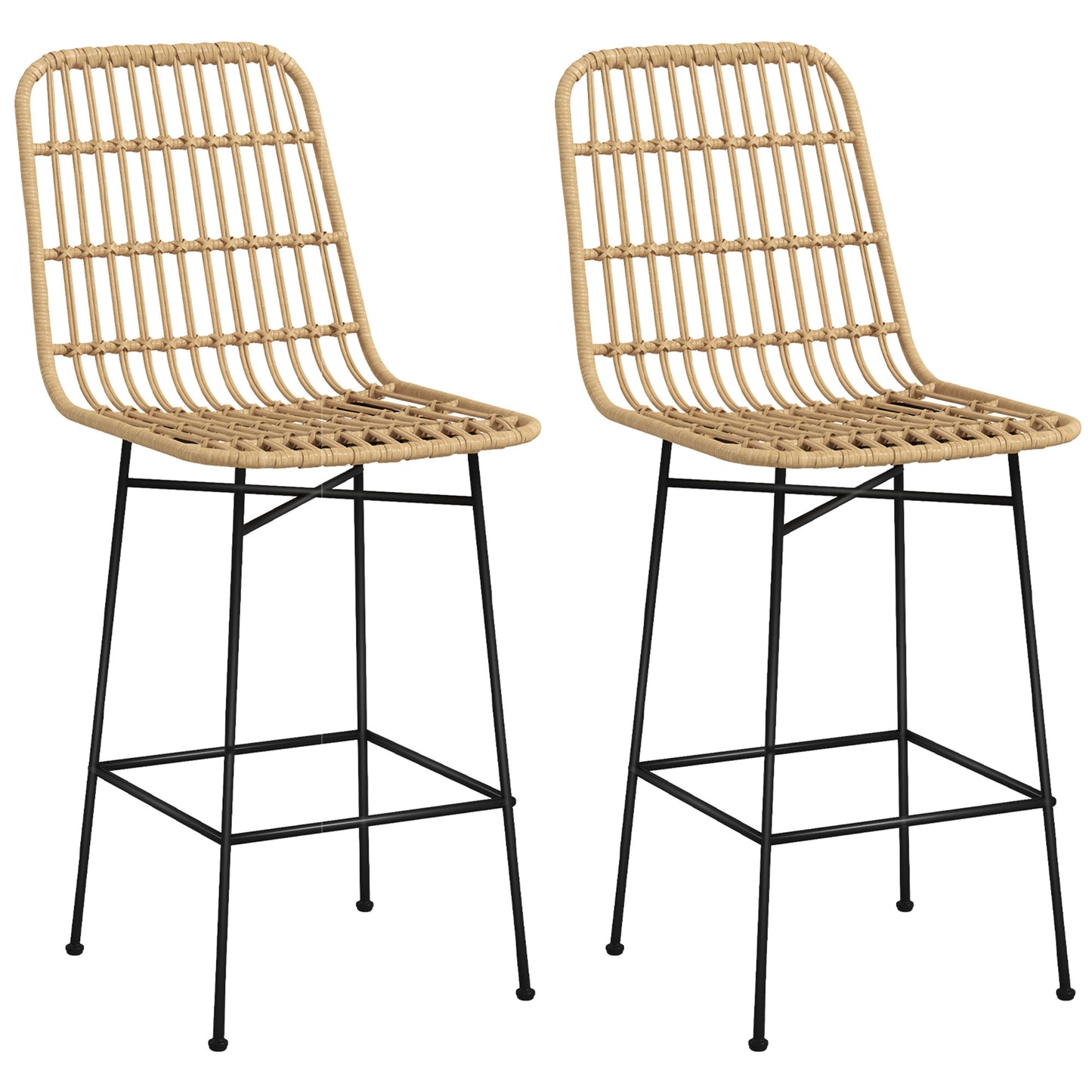 Barkrukken – Barstoelen – Krukken – Barstoelen Met Rugleuning – Geel – PE Rattan Design – Ademend Zitcomfort – Stabiele Stalen Poten