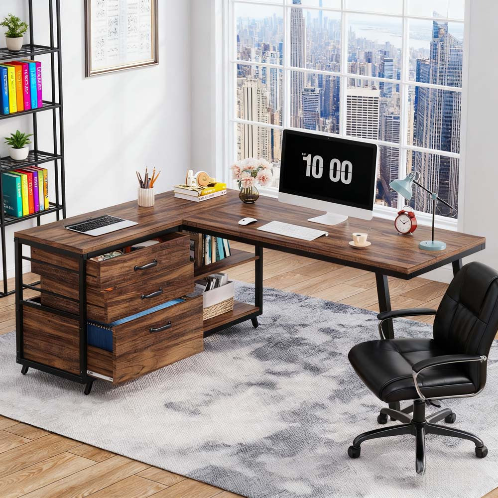 L-vormige bureautafel – hoekbureau – computerbureau – werkplek bureau – studie bureau – Klassieke bruine afwerking – omkeerbaar ontwerp – 3 lades en 2 planken – stevig vezelplaat frame