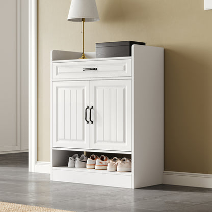 Modern White Metal Shoe Cabinet with Adjustable Shelves, 2 Doors & Drawer - Space-Saving Vertical Storage Organizer with Black Frame, Golden-Toned Hardware, Compact Design for Entryway, Hallway, Small Spaces - Durable Metal C