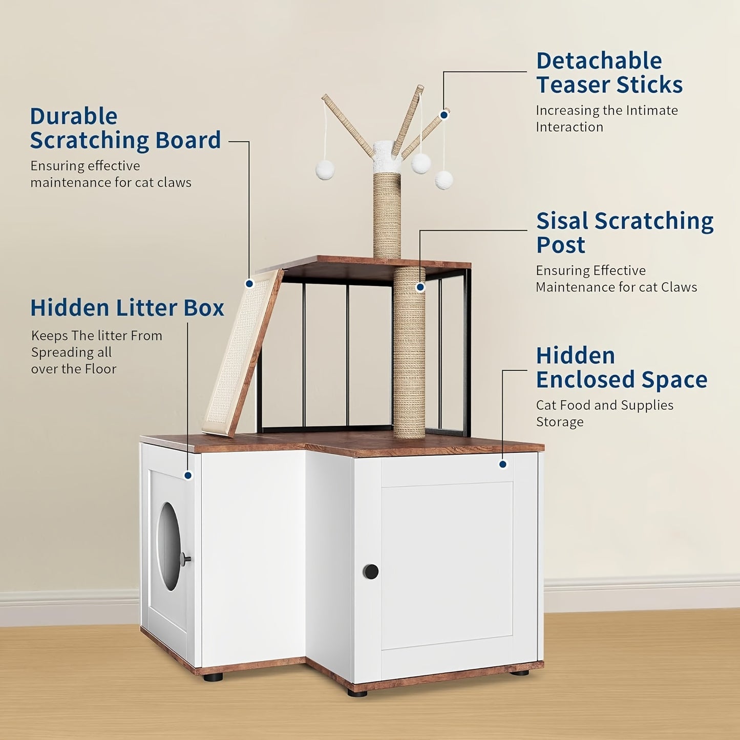 Kattenboom – Krabpaal – Kattenmeubel – Klimelement – Kattenhuis – 2-in-1 Ontwerp Met Verborgen Kattenbak – Ruime Speel- en Klimniveaus – Houten Constructie – Geurcontrole – Voor Grote Binnenkatten – 124 cm Hoog