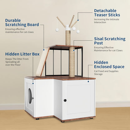 Kattenboom – Krabpaal – Kattenmeubel – Klimelement – Kattenhuis – 2-in-1 Ontwerp Met Verborgen Kattenbak – Ruime Speel- en Klimniveaus – Houten Constructie – Geurcontrole – Voor Grote Binnenkatten – 124 cm Hoog