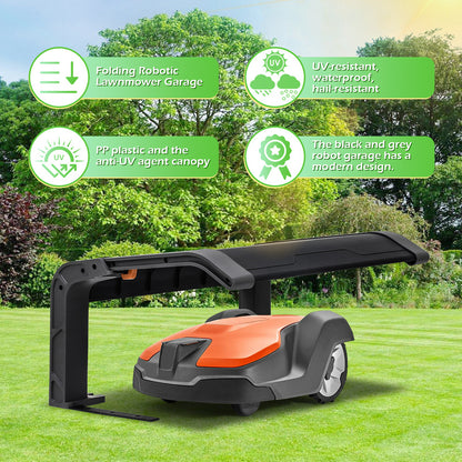 Robotmaaier Garage – Robotmaaier Overkapping – Maairobot Schuilplaats – Robotmaaier Carport – Opvouwbare Bescherming – Metalen Frame – UV-bestendig PP Plastic Dak – 72x56x36 cm – Zwart-Grijs