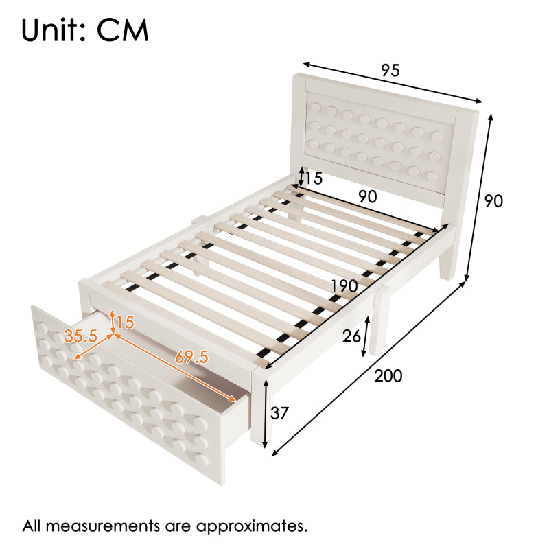 Eénpersoonsbed – Eenpersoonsbed – Kinderbed – Jongerenbed – Studentenkamerbed – Wit MDF Bedframe – Opbergruimte Onder Bed – Lattenbodem Zonder Boxspring – 90x190 cm