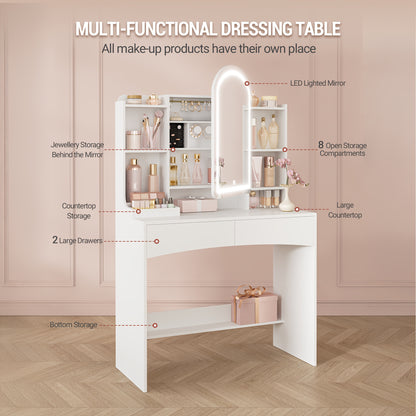 Kaptafel – Make-up tafel – Schminktafel – Vanity Desk – Beauty tafel – Wit – 90 cm breed – LED verlichting met 3 kleurstanden