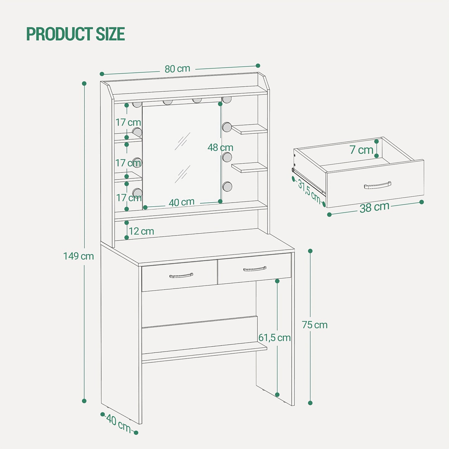 Kaptafel – Make-uptafel – Schminktisch – Sieradekast – Verzorgingstafel – Verstelbare Verlichting – Compact 40 x 80 x 149 cm – Wit