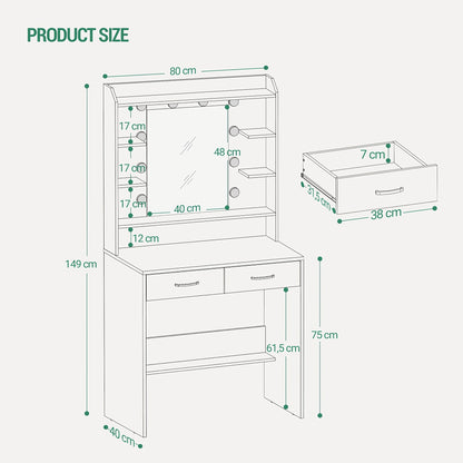 Kaptafel – Make-up Tafel – Vanity – Make-uptafel – Dresser – Wit – Verstelbare Verlichting – 40x80x149 cm – Elegant Design – Ruime Opbergruimte