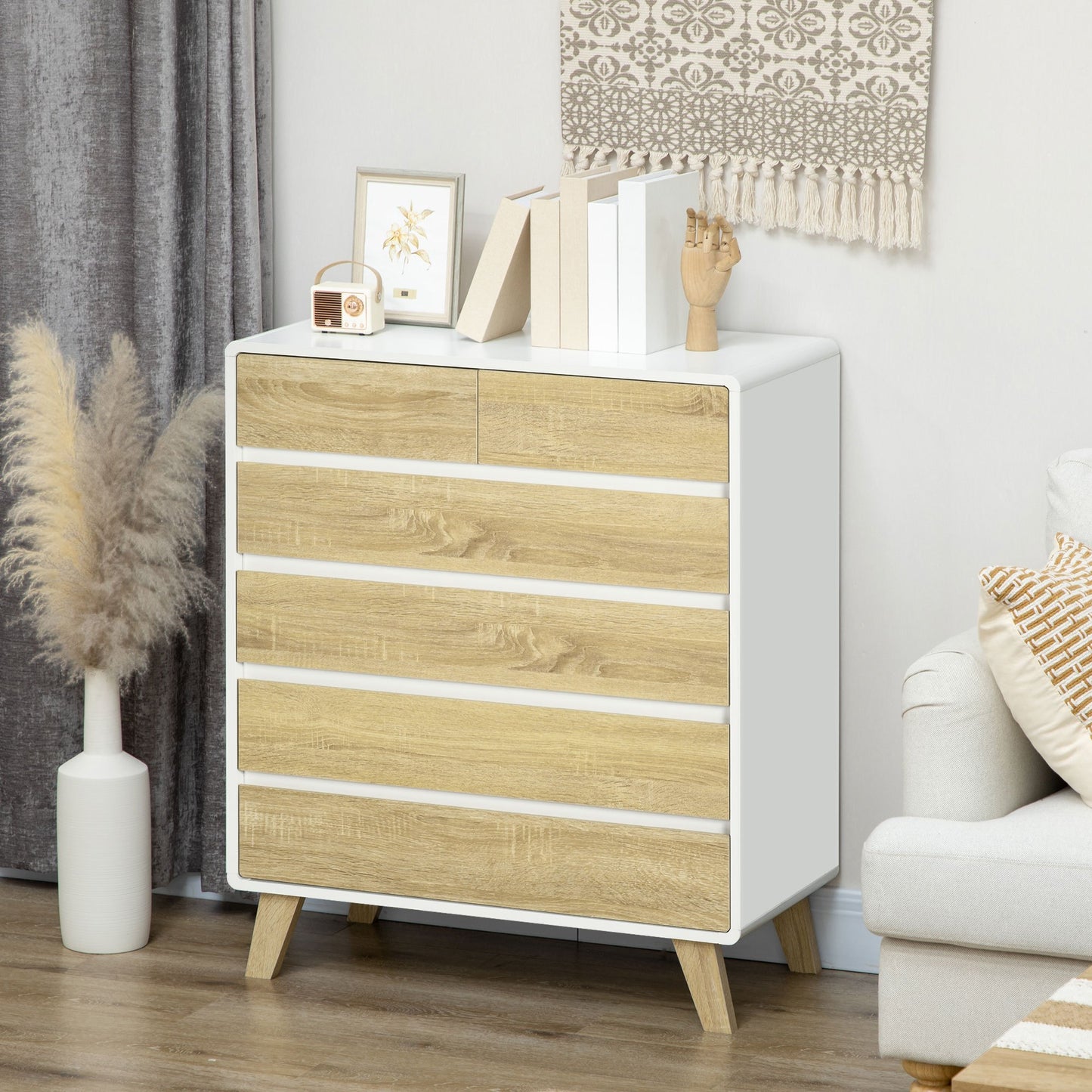 Commode – Ladekast – Dressoir – Opbergkast – Kast – Scandinavisch Design – 6 Greeploze Lades – MDF & Spaanplaat – 80x40x95 cm – Anti-Kantelbeveiliging