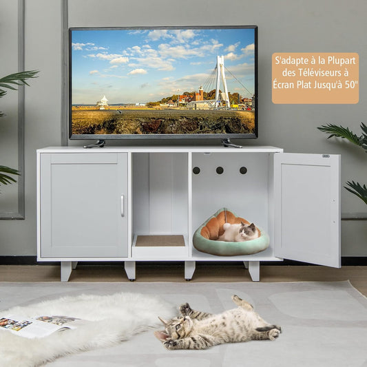 Kattenbakkast – Kattenbakmeubel – Kattenbakkast – Kattenbakopbergkast – Kattenbakverhoger – Witte kast met winding entry – Ingebouwd krabbord en afneembare houten poten